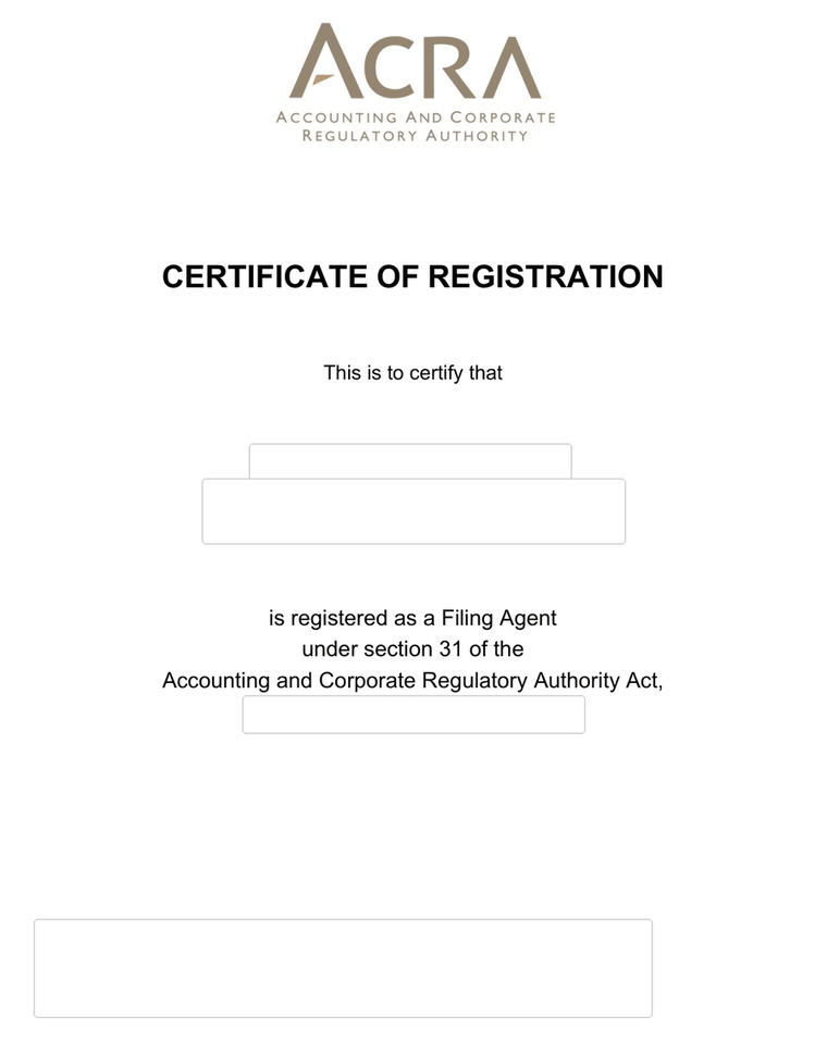 Redacted ACRA filing agent certificate preview from source document