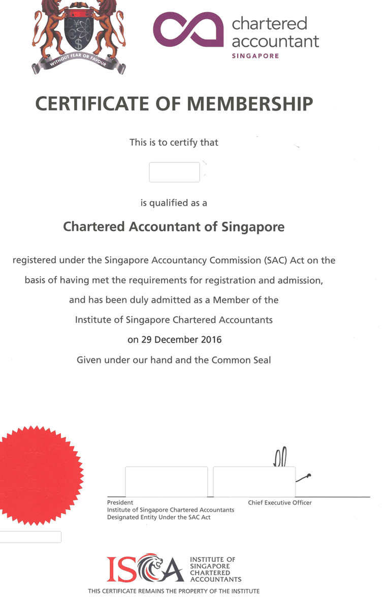 Redacted CA Singapore membership certificate preview from source document